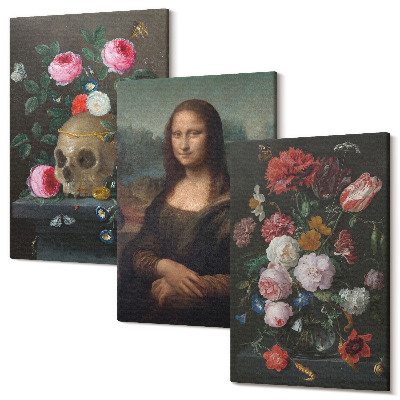 Sada obrazů triptych Vintage Flowers Lebka a portrét Mony Lisy od Leonarda da Vinci