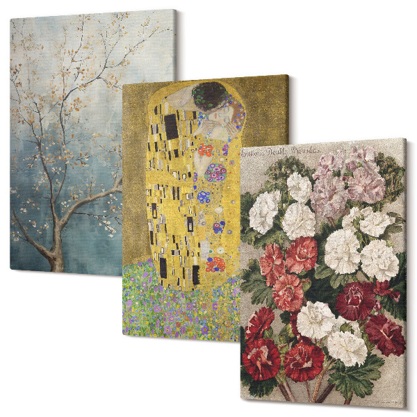 Sada obrazů triptych Květiny a stromy v malířském stylu The Kiss od Gustava Klimta
