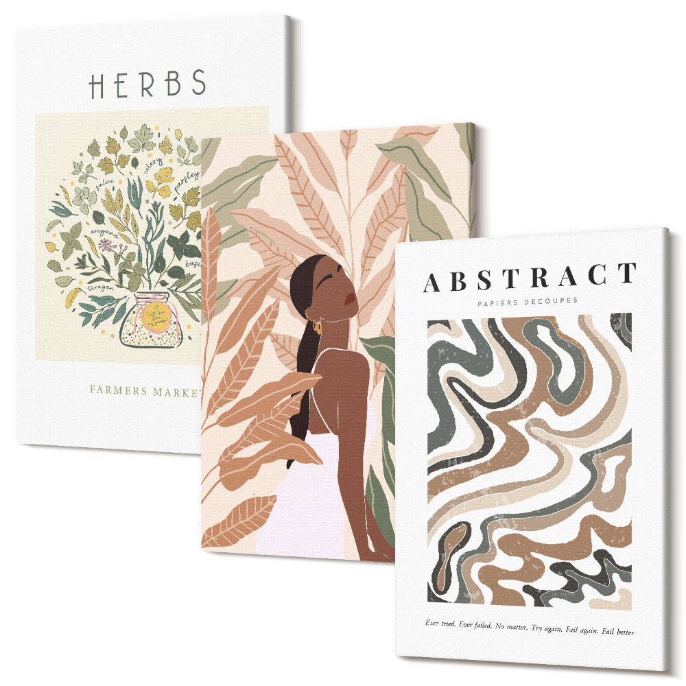 Sada obrazů na zeď triptych Boho estetické pastelové minimalistické plakáty