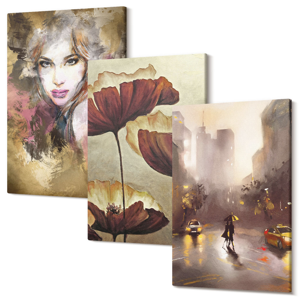 Sada 3 obrazů Abstraktní portrét ženy, květiny, město v dešti