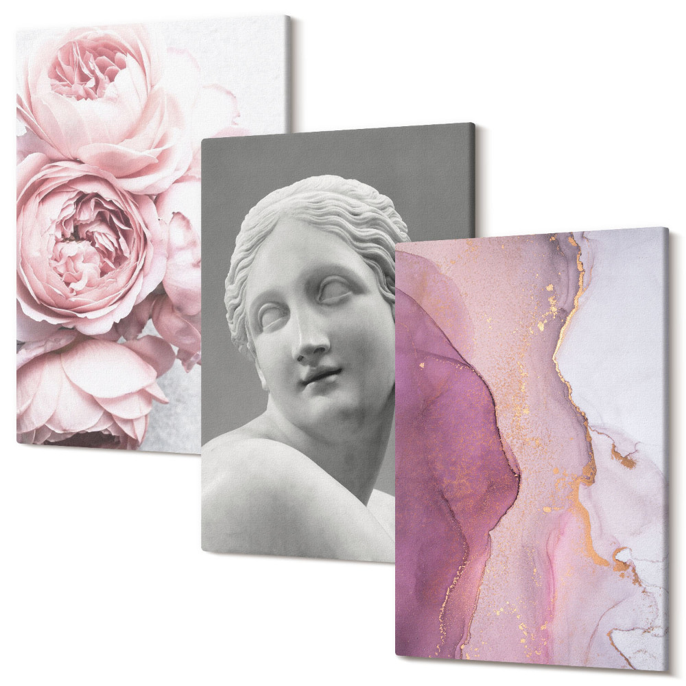 Sada obrazů triptych Romantické pivoňky socha ženy abstraktní