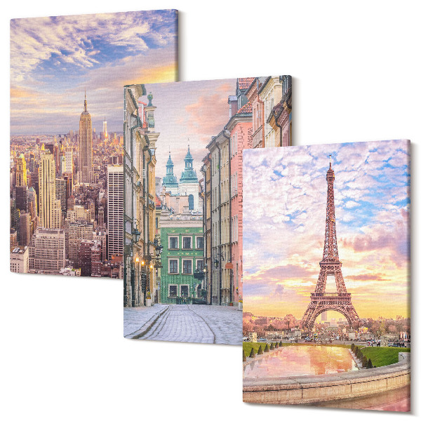 Sada obrazů na zeď triptych Pohled na města New York, Paříž a Varšava za soumraku