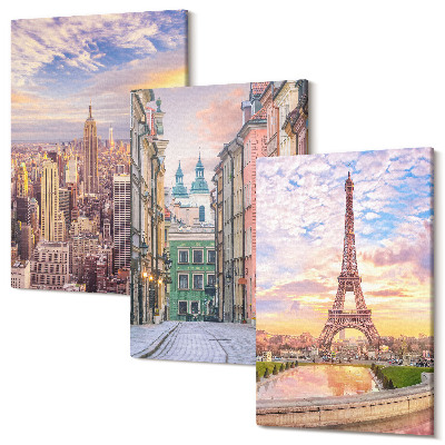 Sada obrazů na zeď triptych Pohled na města New York, Paříž a Varšava za soumraku