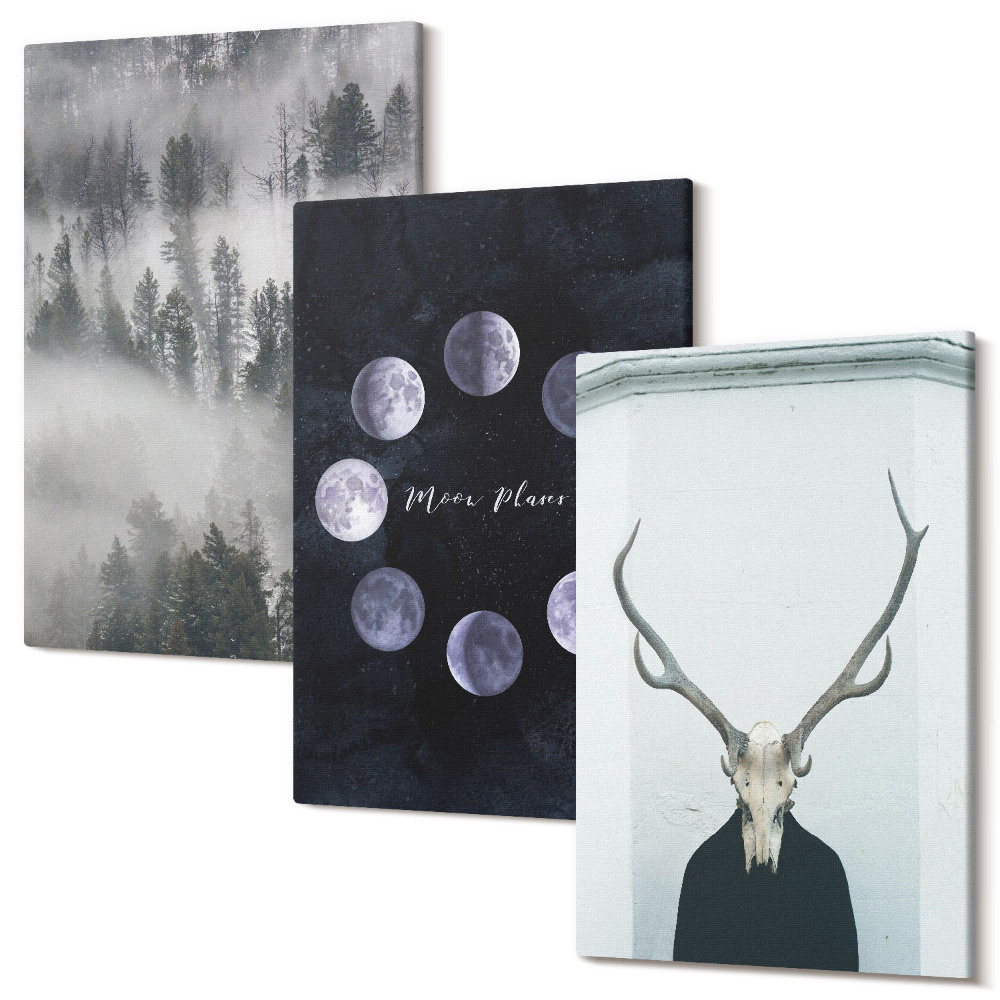 Sada obrazů triptych Lesní krajina v mlhových fázích měsíce jelení lebka