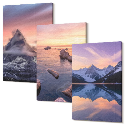 Sada 3 obrazů Krajiny hor, jezer a západů slunce