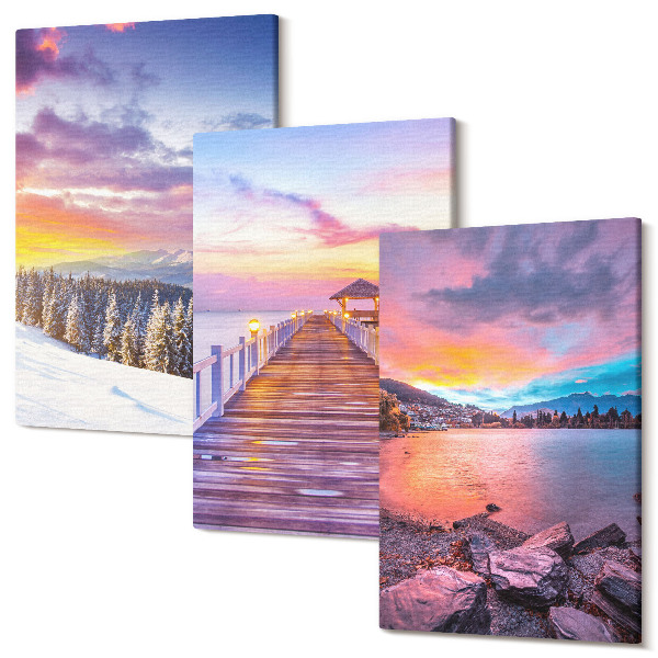 Sada obrazů triptych Zimní horská krajina s molem na jezeře