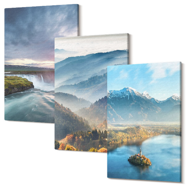 Sada obrazů na zeď triptych Malebné horské krajiny a vodopády v přírodě