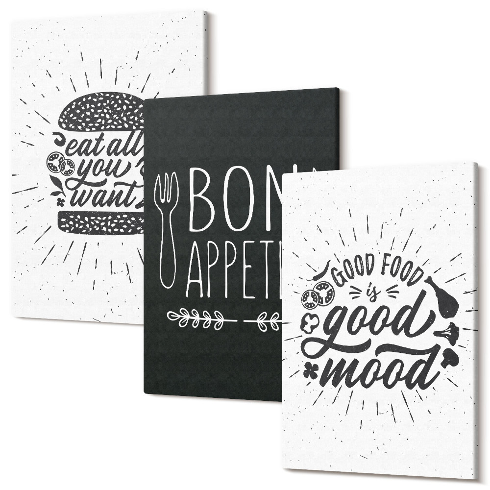 Sada obrazů na zeď triptych Grafika s jídlem a kulinářskými slogany
