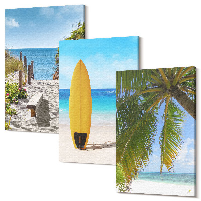 Sada obrazů triptych Prázdninové výhledy na pláž, vlny a palmy v tropech