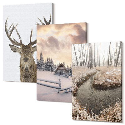 Sada obrazů na zeď triptych Zimní krajina s jelení boudou a potokem