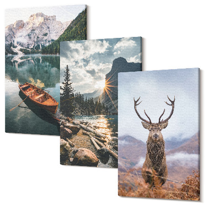 Sada 3 obrazů Horské jezero člun západ slunce jelen v přírodě