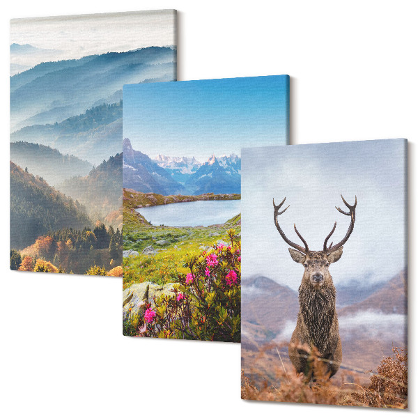 Sada obrazů triptych Horské krajiny s jezerem a jeleny v přírodě