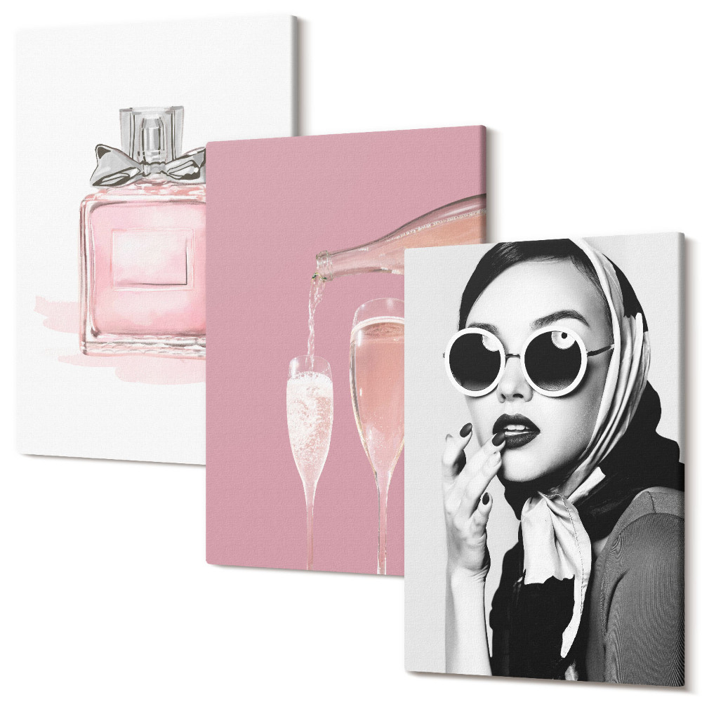 Sada 3 obrazů Stylové dámské doplňky v odstínech růžové