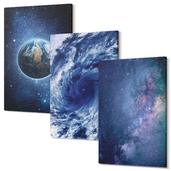 Sada obrazů na zeď triptych Země ve vesmíru, bouře a galaxie hvězd