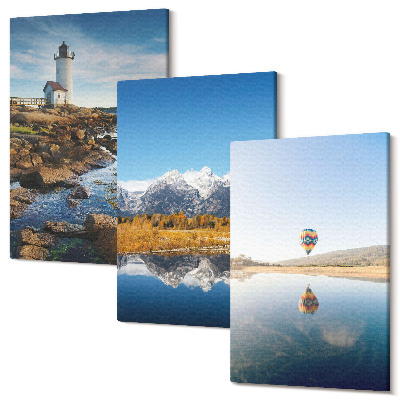 Sada obrazů na zeď triptych Výhledy do přírody s majákem, horami, jezerem a balónem