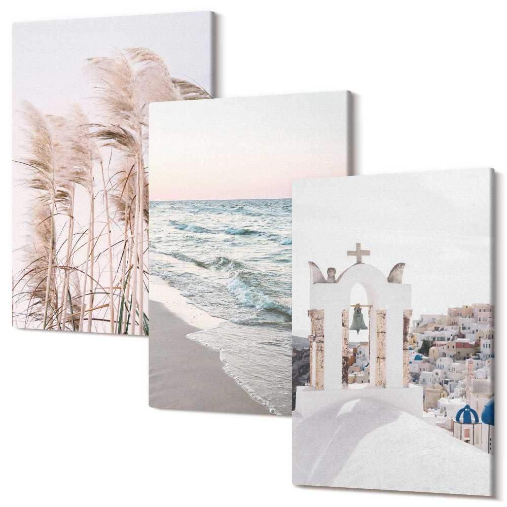 Sada 3 obrazů Přímořské rostliny, mořské vlny, pohled na bílé domy
