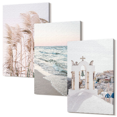 Sada 3 obrazů Přímořské rostliny, mořské vlny, pohled na bílé domy