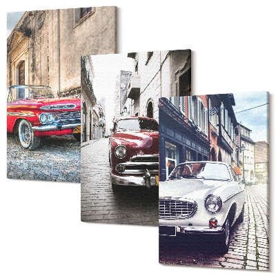 Sada obrazů triptych Klasická auta v ulicích města v různých barvách