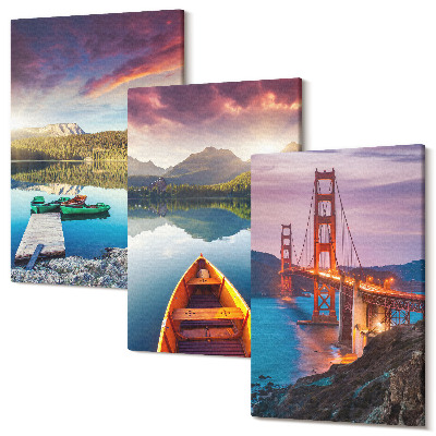 Sada obrazů triptych Výhled na hory s jezery, loděmi a mostem