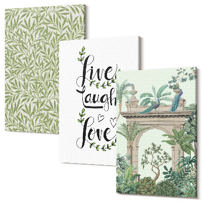 Sada obrazů triptych Zelené listy, nápisy a exotické rostliny v architektuře