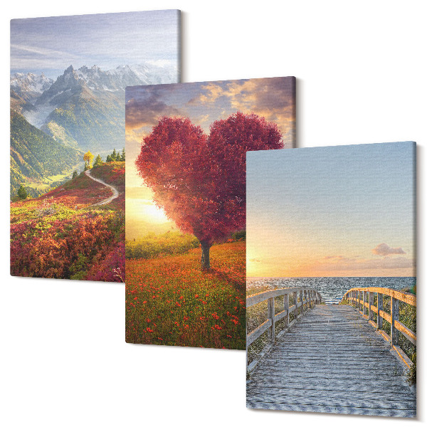 Sada obrazů na zeď triptych Horské krajiny ve tvaru srdce stromové molo