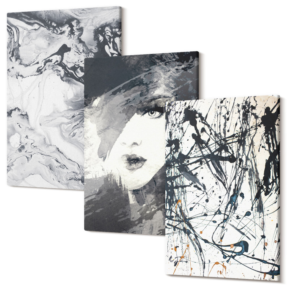 Sada 3 obrazů Abstraktní vzory v odstínech černé a bílé