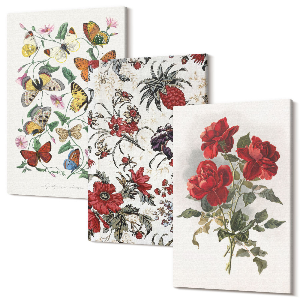 Sada obrazů triptych Motýli, květiny a červené růže v klasickém stylu