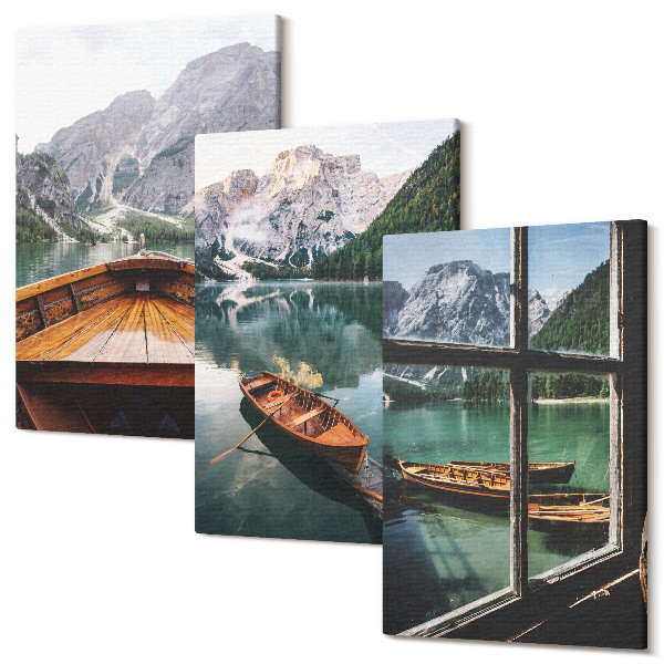 Sada obrazů triptych Pohled na horské jezero s loděmi a oknem v pozadí