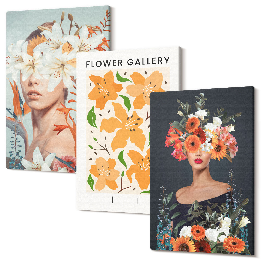Sada obrazů triptych Květinové portréty s barevnými kyticemi a listy