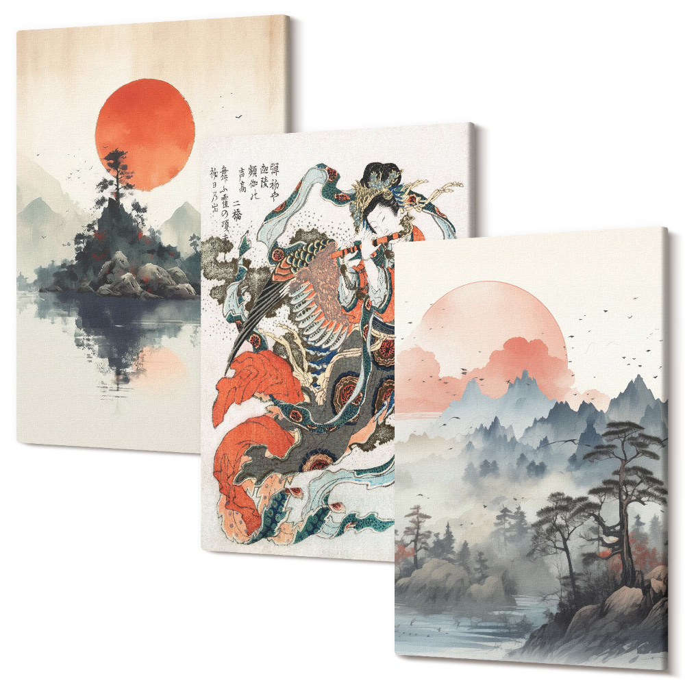 Sada 3 obrazů Asijské krajinomalby a portréty v japonském stylu
