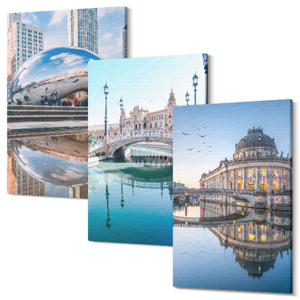 Sada obrazů triptych Městská architektura se odráží ve vodě