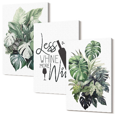 Sada obrazů triptych Listy rostlin v odstínech zelené s nápisem o víně