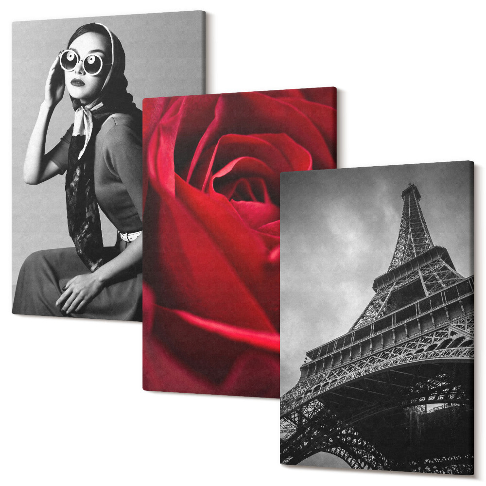 Sada obrazů na zeď triptych Pařížanka s růžovými brýlemi a Eiffelova věž