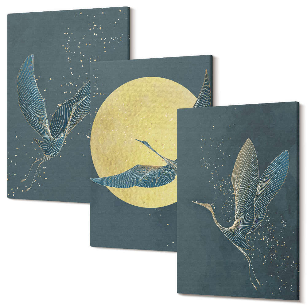 Sada obrazů triptych Jeřáb ptáci v letu na pozadí měsíce a hvězd