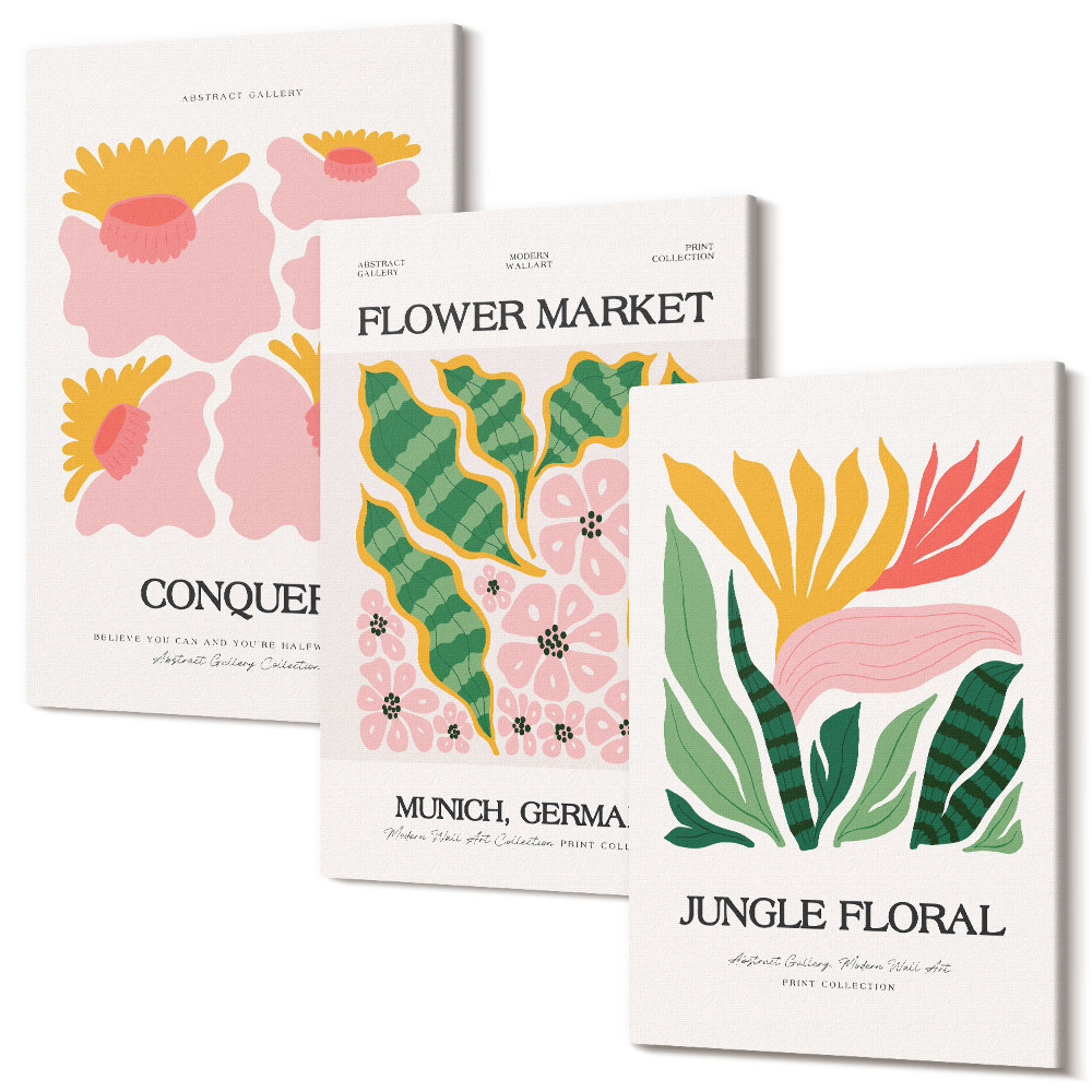 Sada obrazů na zeď triptych Květiny a listy v moderním stylu plakátů