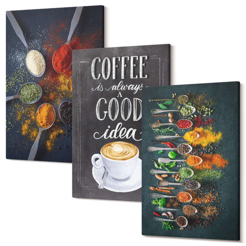 Sada 3 obrazů Koření kávy s šálkem kuchyňských bylinek vzory