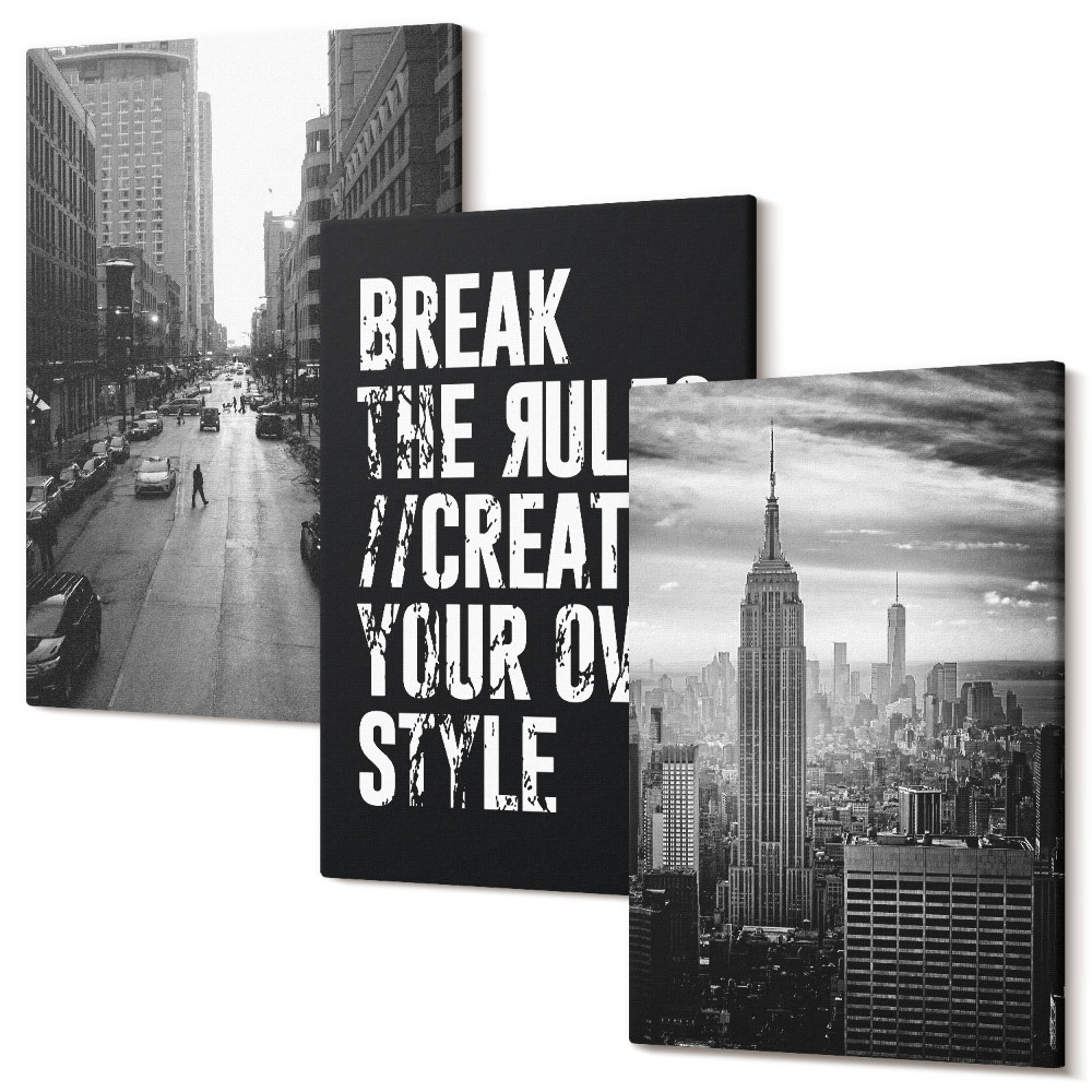 Sada obrazů triptych Ulice města v černé a bílé s inspirativním nápisem