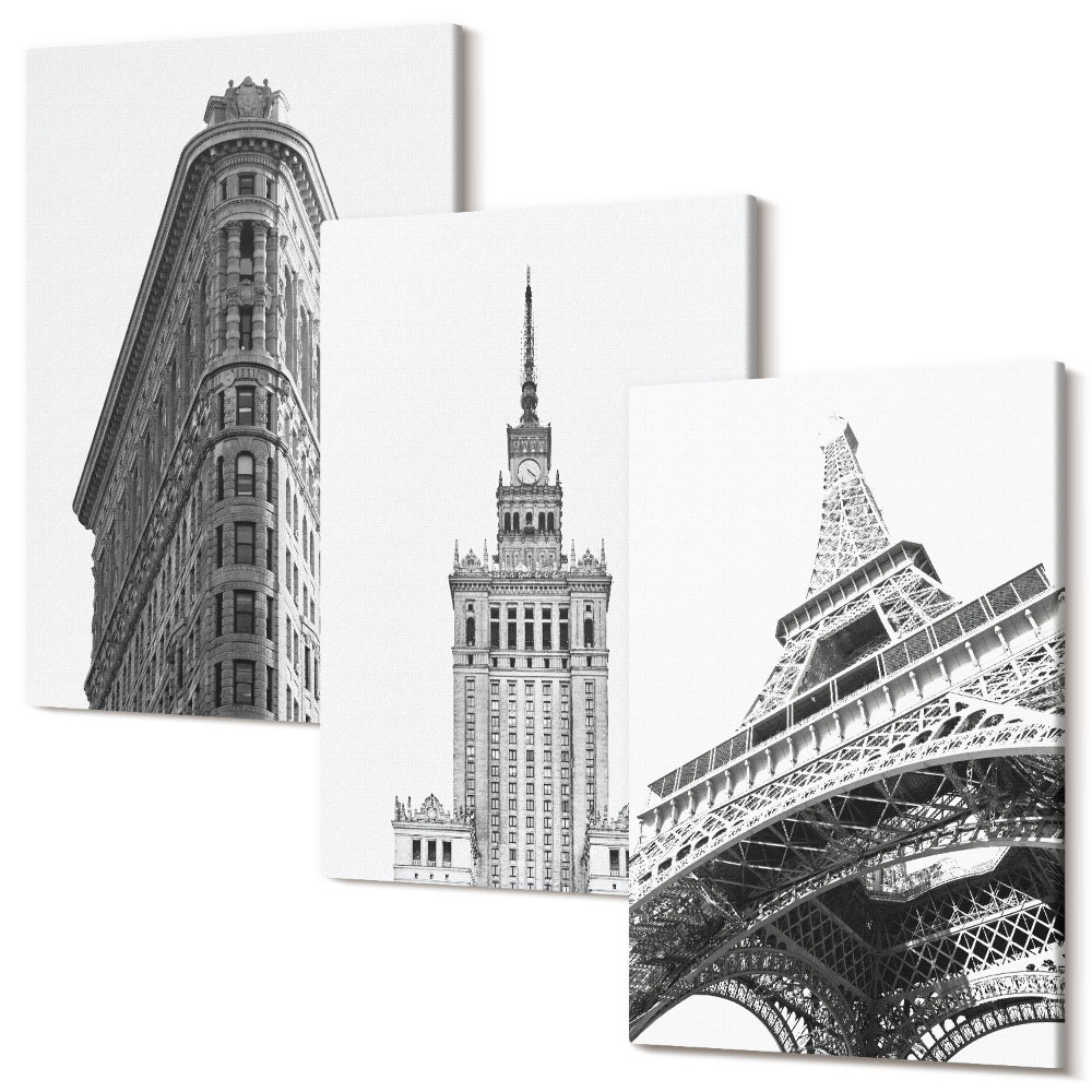 Sada obrazů na zeď triptych Architektonické budovy v černém a bílém minimalismu