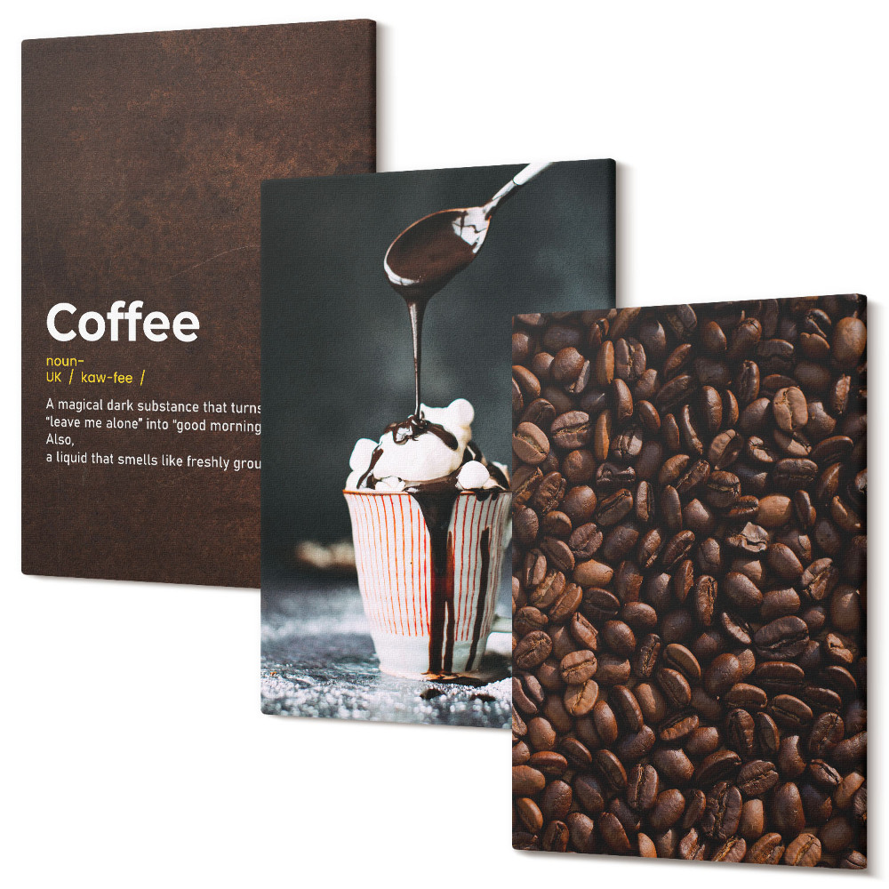 Sada obrazů na zeď triptych Definice nápoje se šlehačkou z kávových zrn