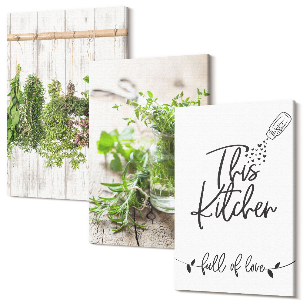 Sada 3 obrazů Motiv kuchyně s nápisem sušené bylinky