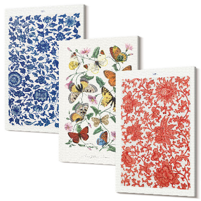 Sada obrazů na zeď triptych Vintage květiny motýli a ozdoby plakáty