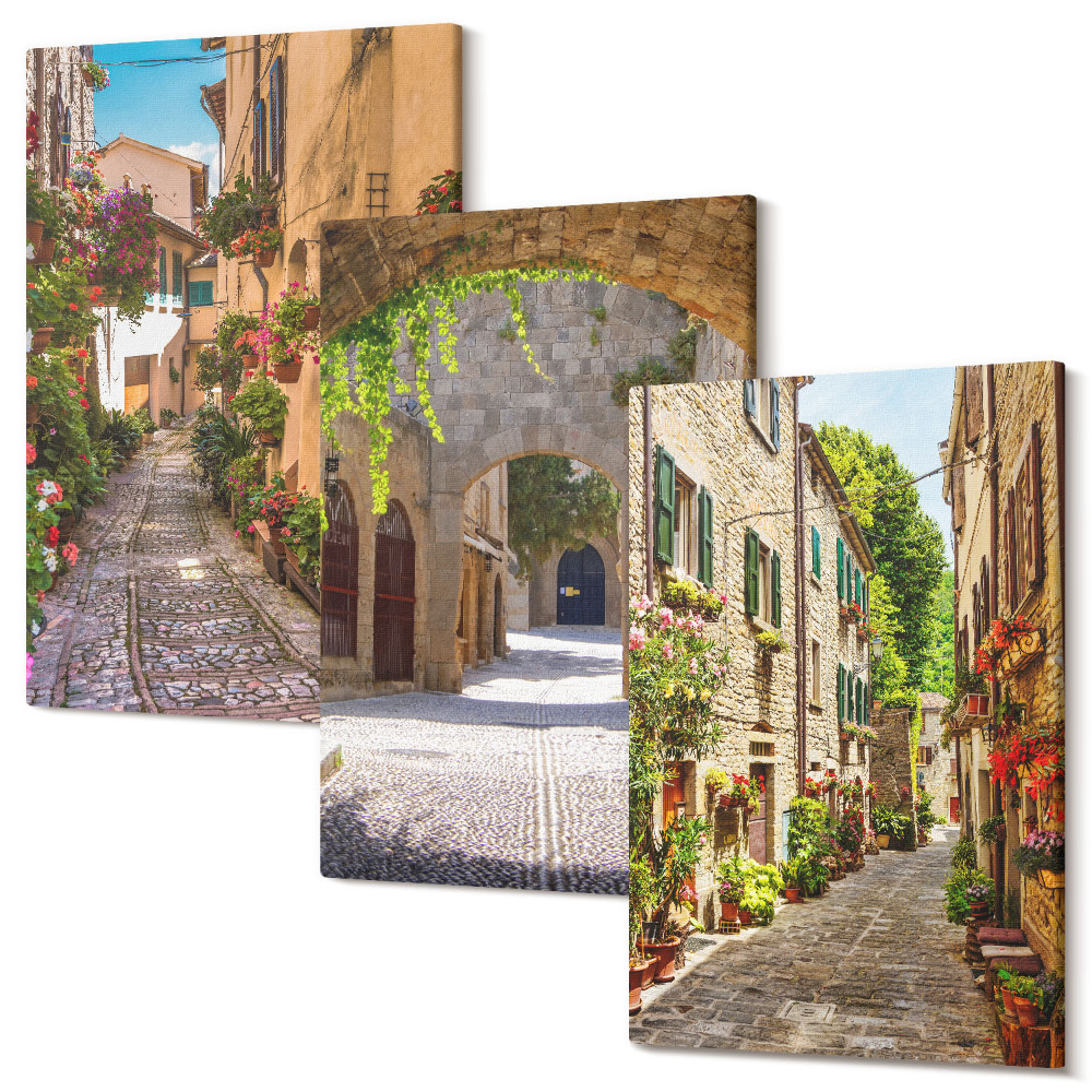 Sada 3 obrazů Italské uličky s květinami a krajinnou architekturou