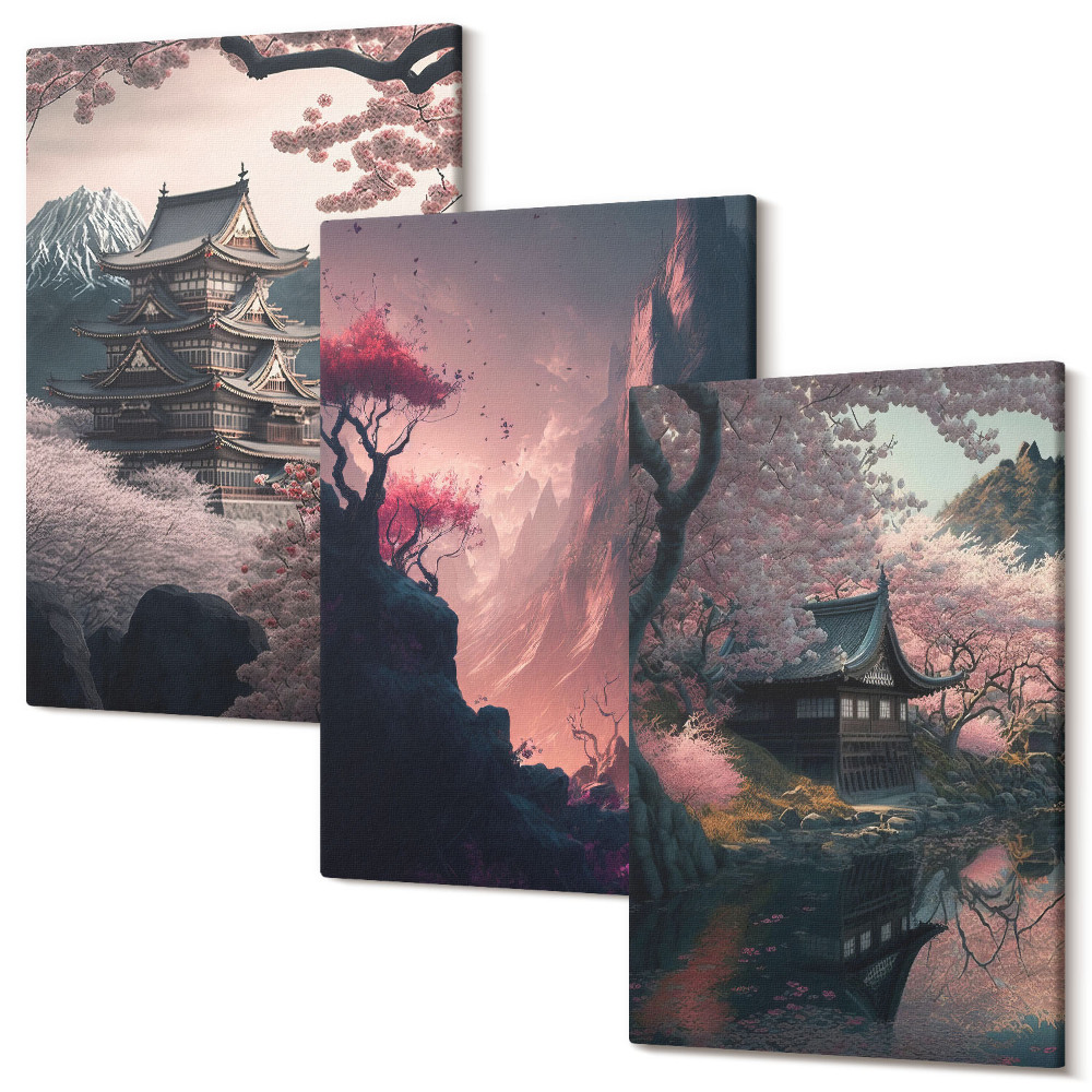 Sada obrazů na zeď triptych Fantasy krajiny japonských horských krajin