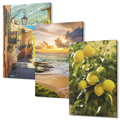 Sada 3 obrazů Malebné uličky, moře, pláže a citrusové stromy