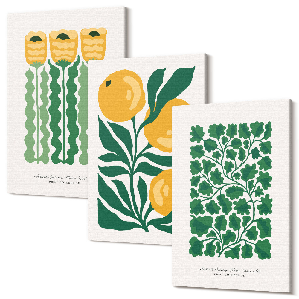 Sada obrazů na zeď triptych Rostlinné vzory s květinami a listy plakáty