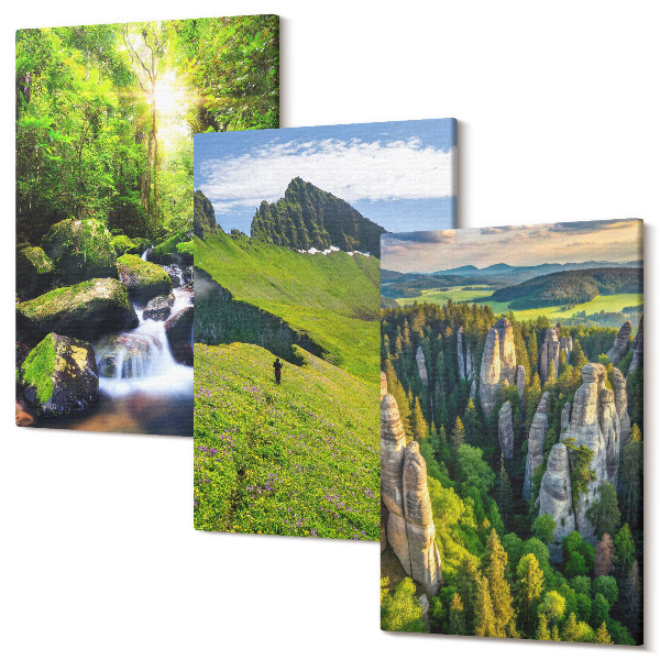 Sada obrazů triptych Zelené horské krajiny s vodopádem a lesem