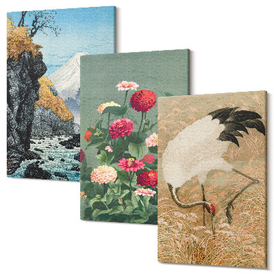 Sada obrazů triptych Hory v krajině, řeka, květiny a jeřábi v trávě