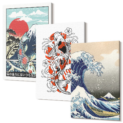 Sada 3 obrazů Ilustrace hor ryb a Velké vlny u Kanagawy, japonský styl
