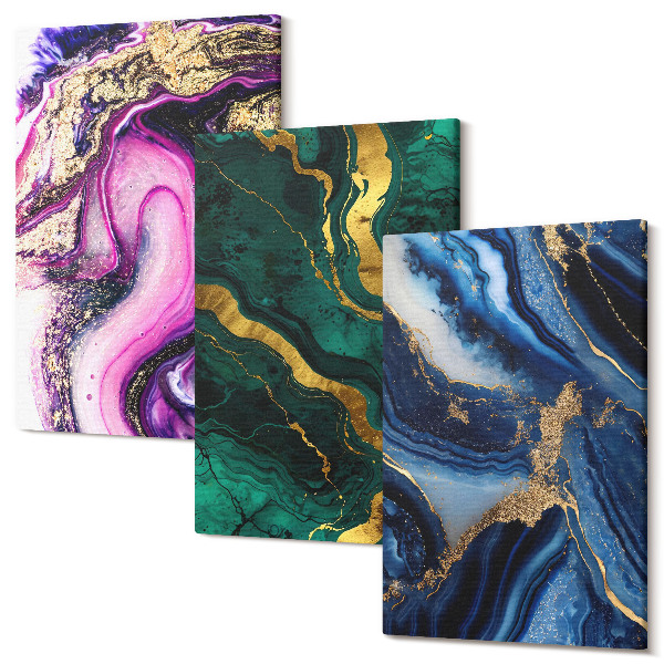 Sada obrazů na zeď triptych Abstraktní vzory v odstínech růžové, zelené a modré