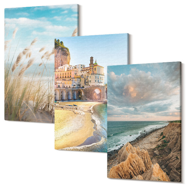 Sada obrazů triptych Přímořská krajina s pláží, městem a útesy